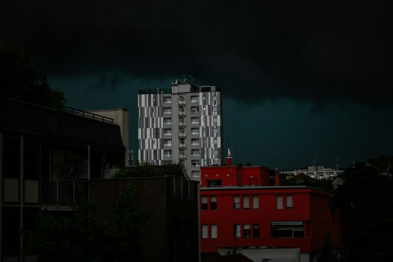 Dramatic storm sky over commercial buildings
