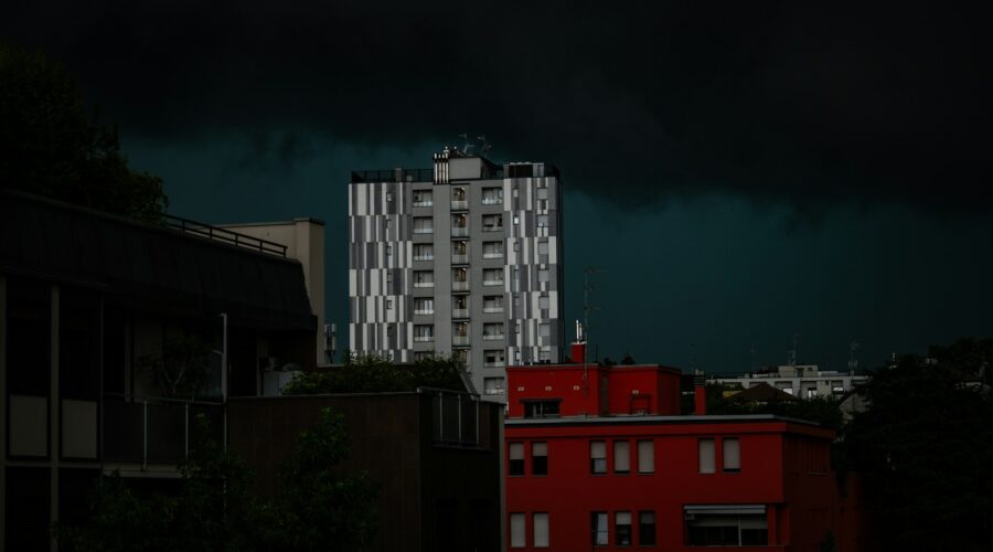 Dramatic storm sky over commercial buildings