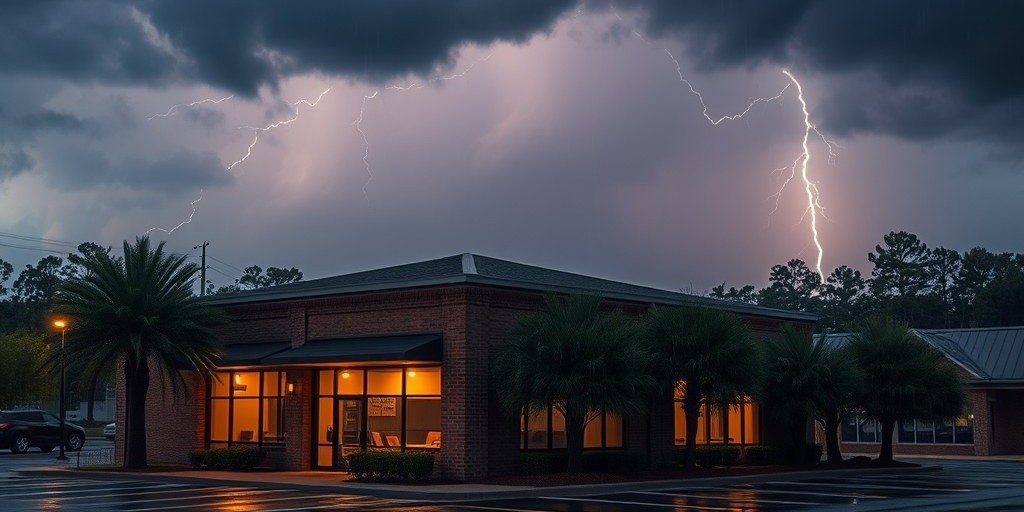 Lightning storm over a Southern US commercial building at dusk