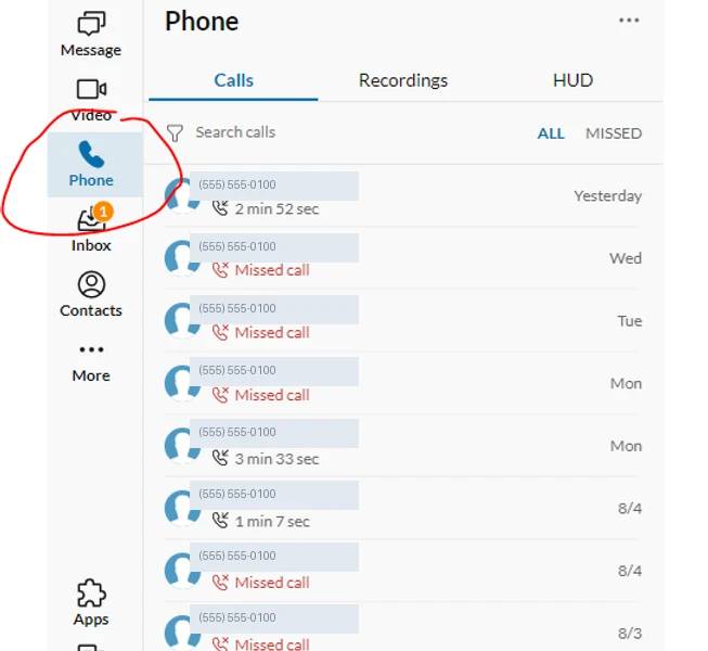 RingCentral app sidebar with the Phone tab circled, showing the Calls list