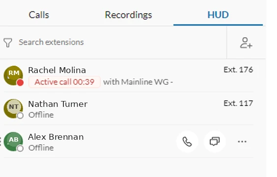 RingCentral HUD tab showing monitored extensions